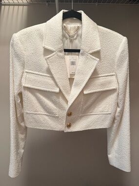 A.L.C. Cropped White Bouclé Blazer with Gold Buttons